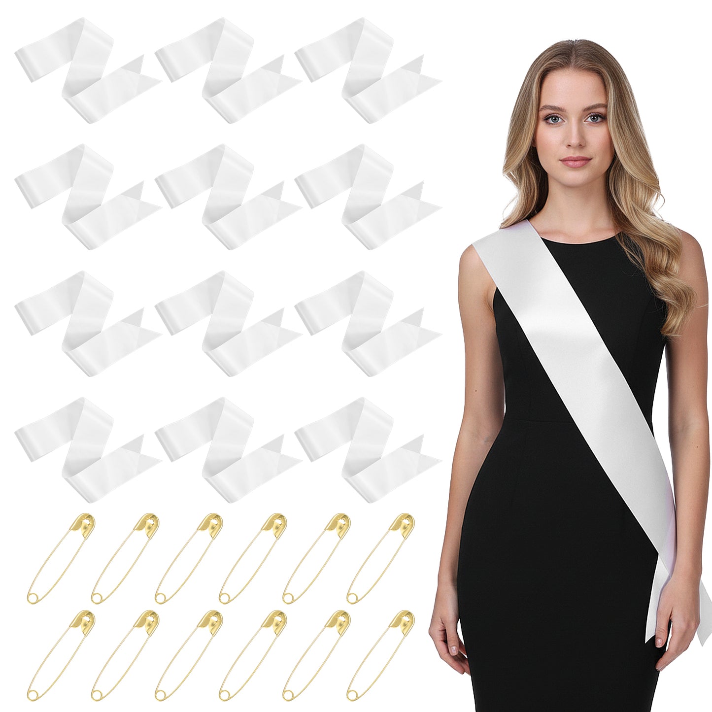 12PCS Blank White Satin Sash Senior Sashes Blank Satin Sashes for Pageants, Custom Sash for DIY Senior Bride Pageant with Safety Pins