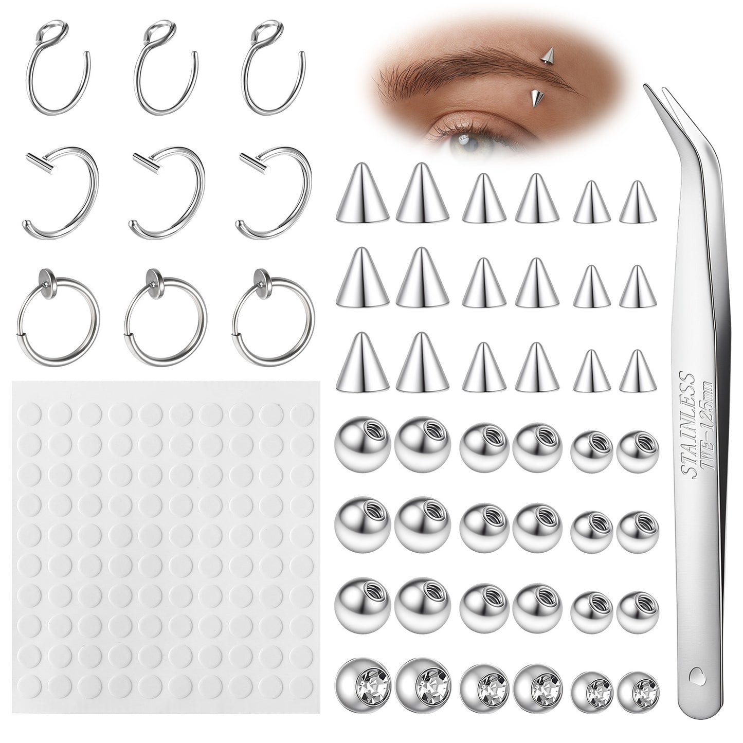 SynHHergyx 51pcs Fake Piercing Nose Ring Fake Eyebrow Piercing Ring Faux Lip Studs Replacement Spike With 100Pcs Sticker False Piercings Nose Rings Hoop Body Jewelry (Silver)