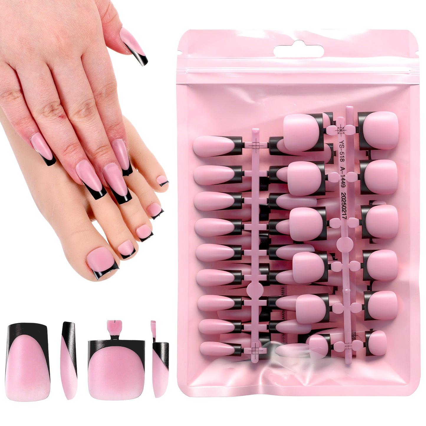 60 PCS Black French Tip Press on Nails, 15 Sizes Coat Full Cover False Nail Short Square French Tips Press on Pink Nails Toenail Tips False Nail Kit for Women Art DIY