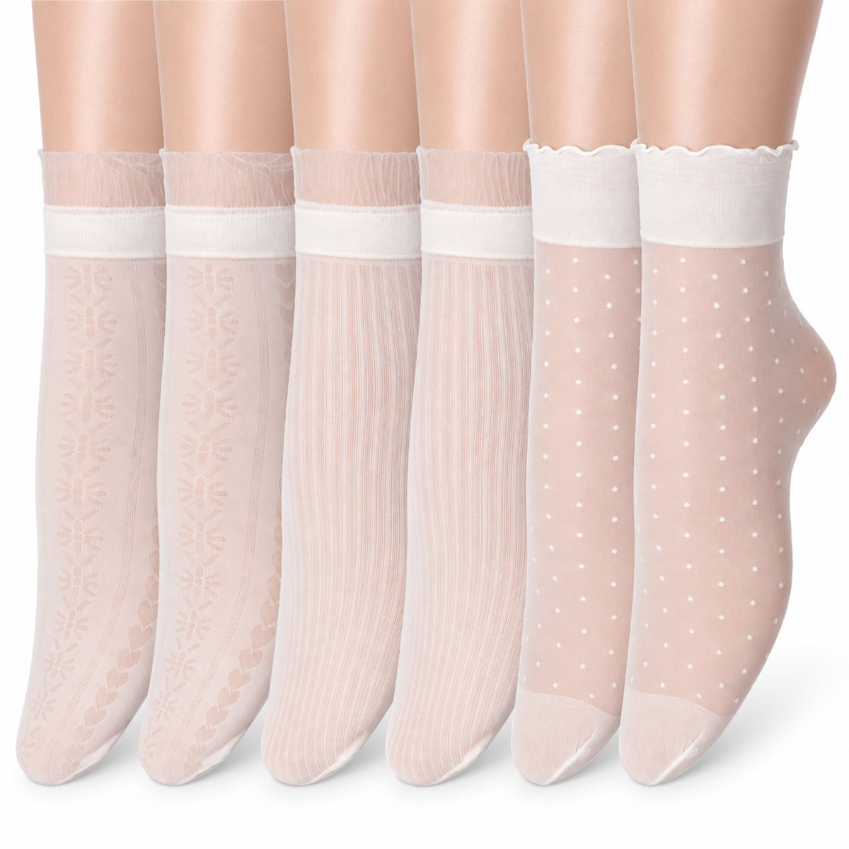 Xosjska Sheer Socks Ultra Thin Ankle Stockings Frilly Hosiery, 6 Pairs