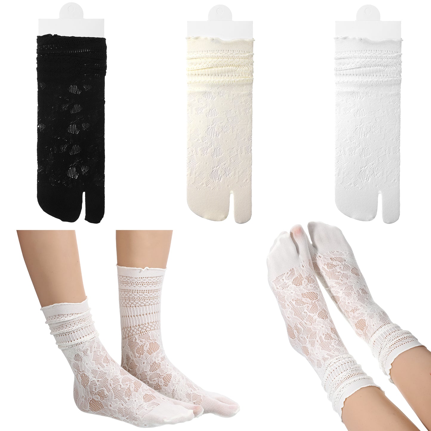 SynHHergyx Tabi Socks Women, 3 Pairs Lace Mesh Split Toe Socks Japanese Flip Flop Socks for Women Daily Wear