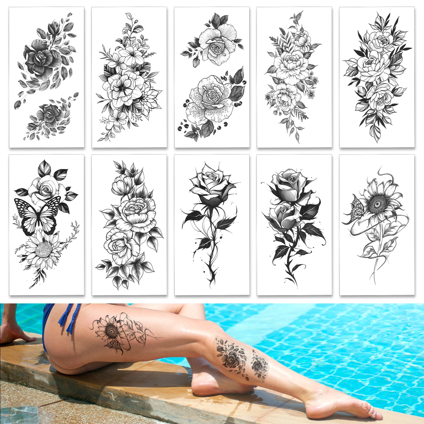 Temporary Tattoos Sexy Rose Flower Temporary Tattoos Large Sexy Flowers Collection Waterproof Temporary Tattoo 3D Blossom Lady Shoulder Tattoos for Women and Men