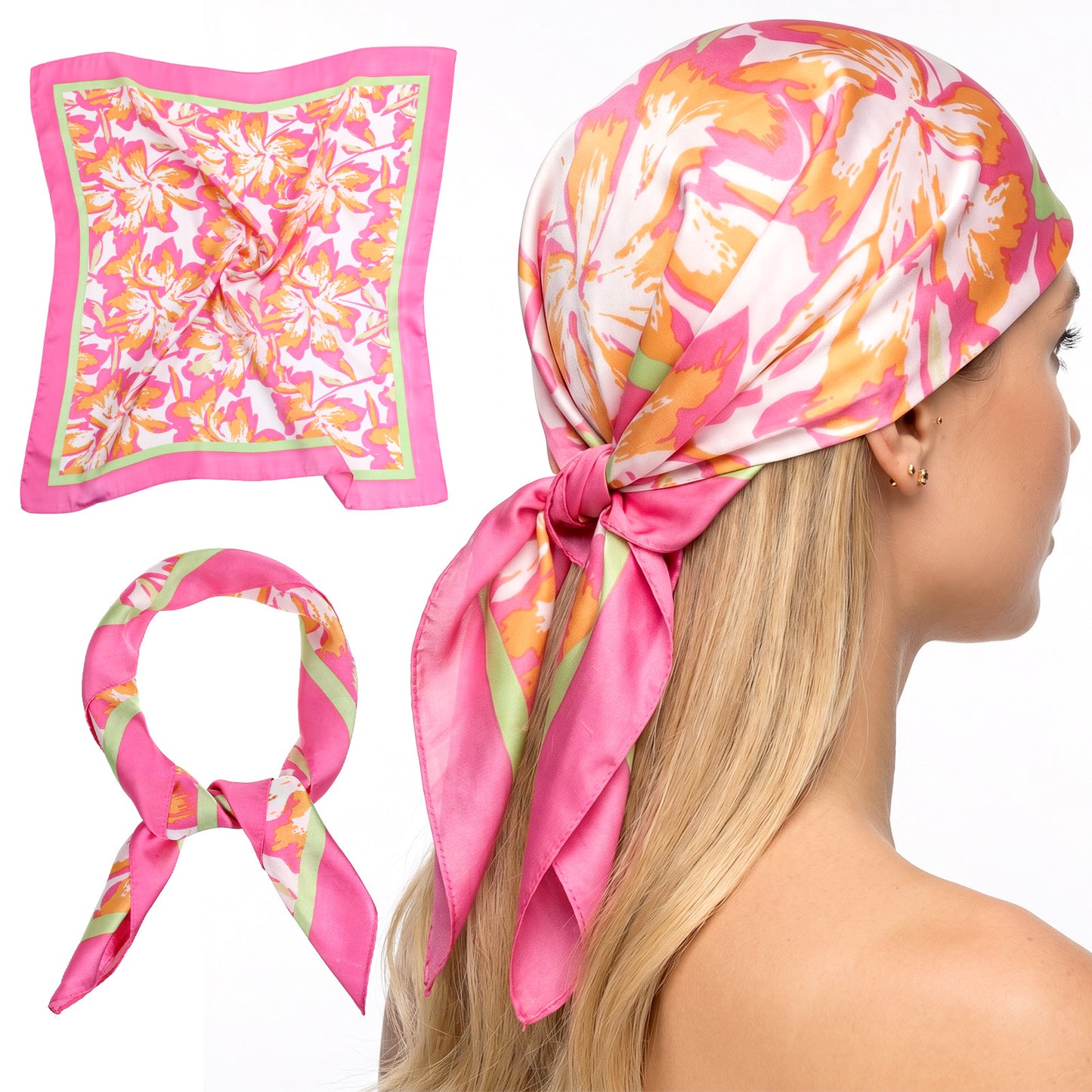 FdcZeyxior 27.5'' Pink Satin Scarf, Square Pink Head Scarf for Women Silk Feeling Neck Scarfs for Hair Wrapping and Sleeping at Night Fashion Lightweight