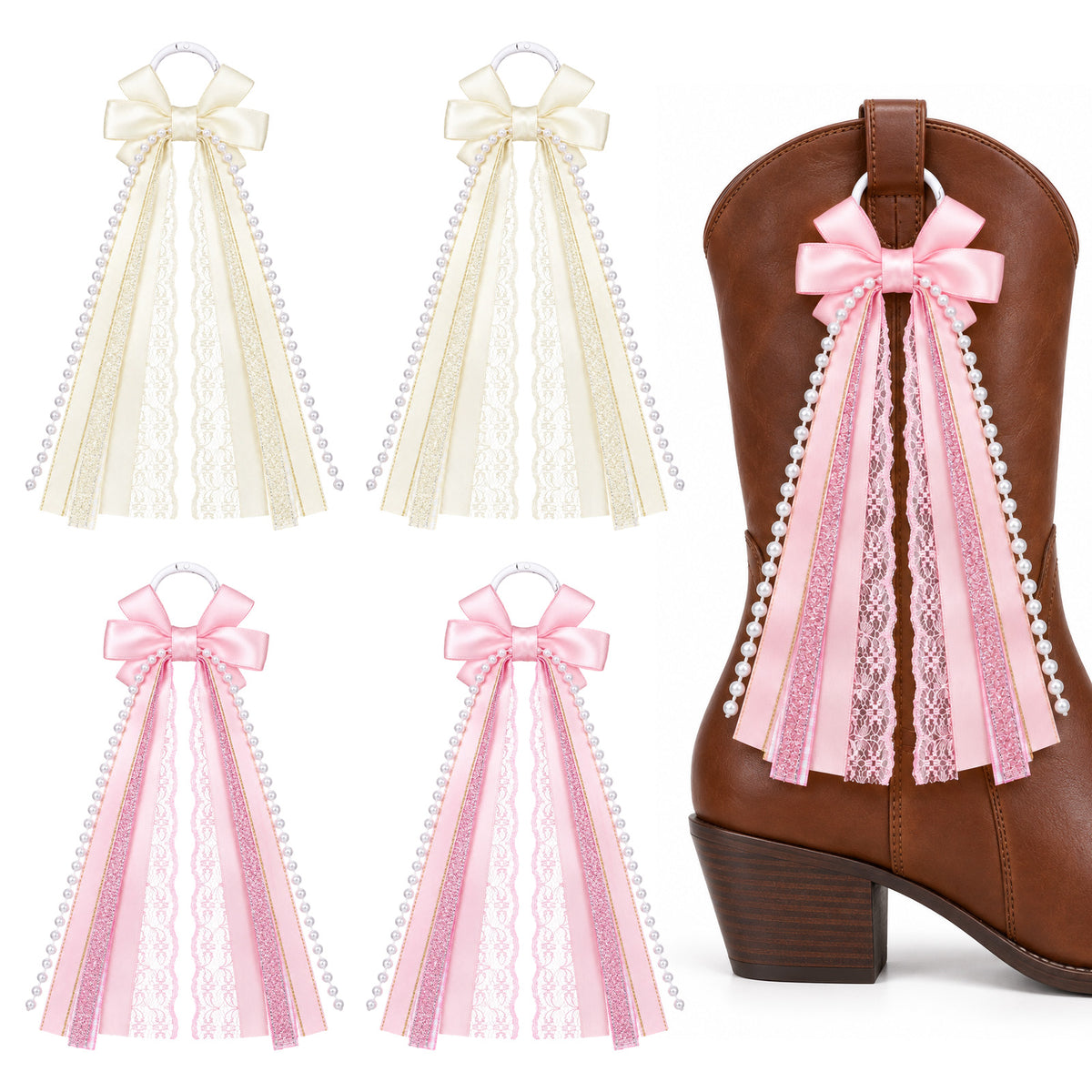Zelphvt 4PCS Pink White Boot Bows, Boot Charms, Atin Lace Pearl Detail