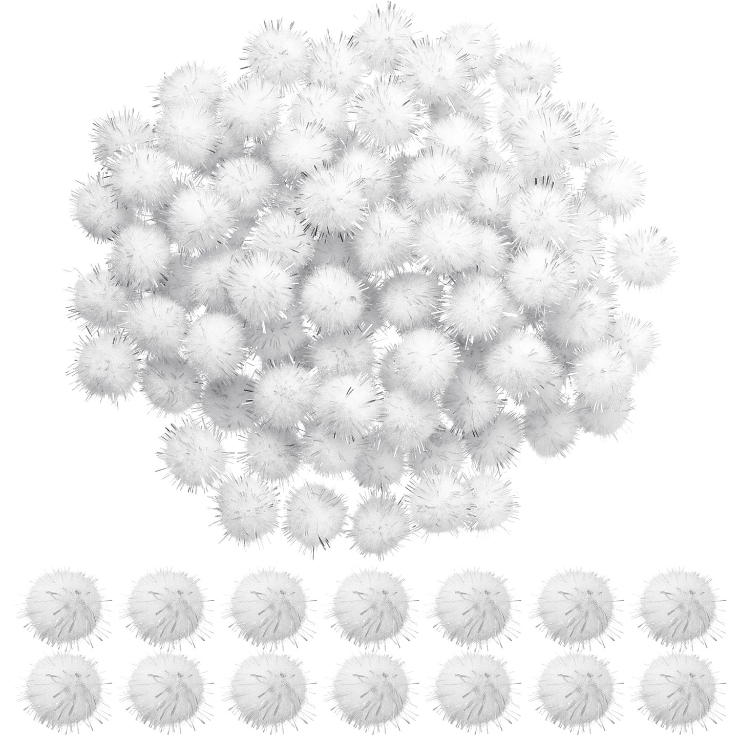 100Pcs Glitter Tinsel Pom, 0.6 in/1.5 cm Poms Sparkle Balls, Cat Fuzzy Toys Balls, Glitter Fluffy Craft Pompoms for DIY Craft/Party Decoration/Cat Toys (White)