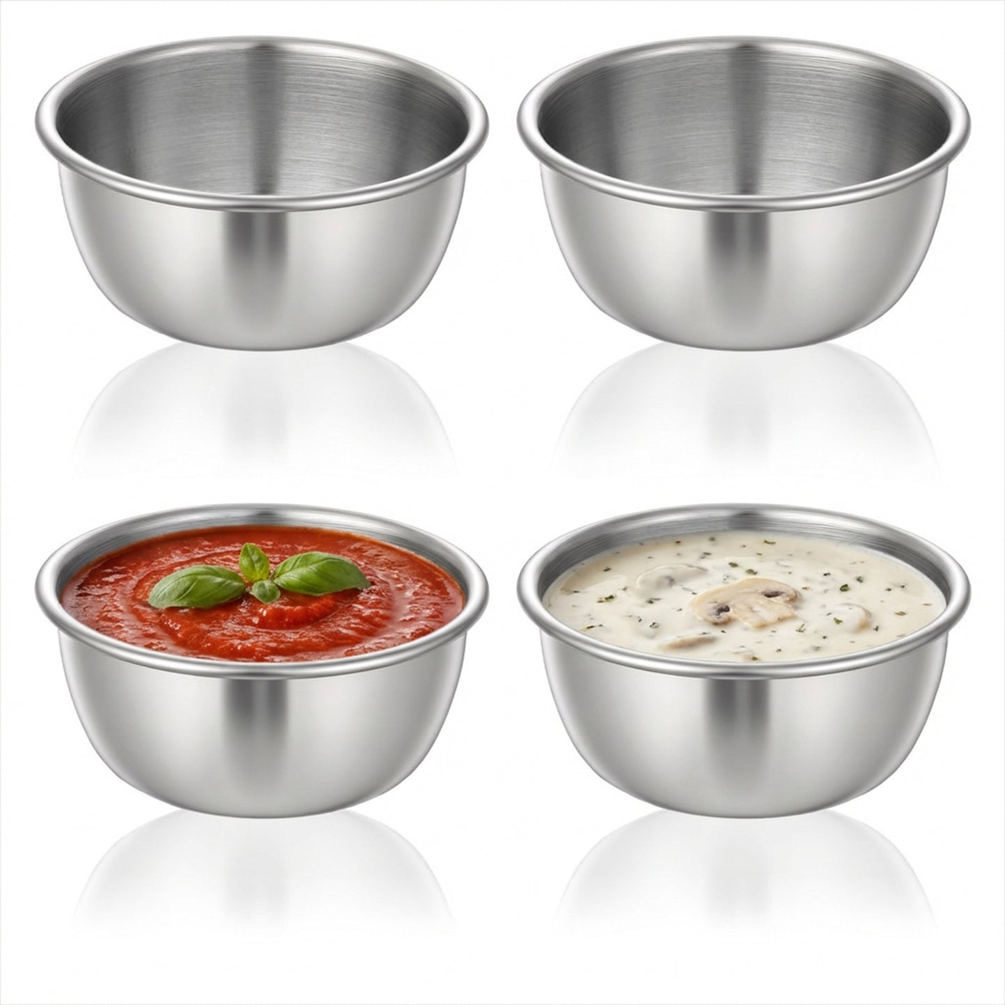 Alrhso 4 Pcs Small Stainless Steel Mixing Bowls Soy Sauce Dishes Mini Prep Bowl Individual Round Seasoning Salsa Bowls Reusable Dip Bowl for Appetizer(2.36inch, 50ml, Silver)