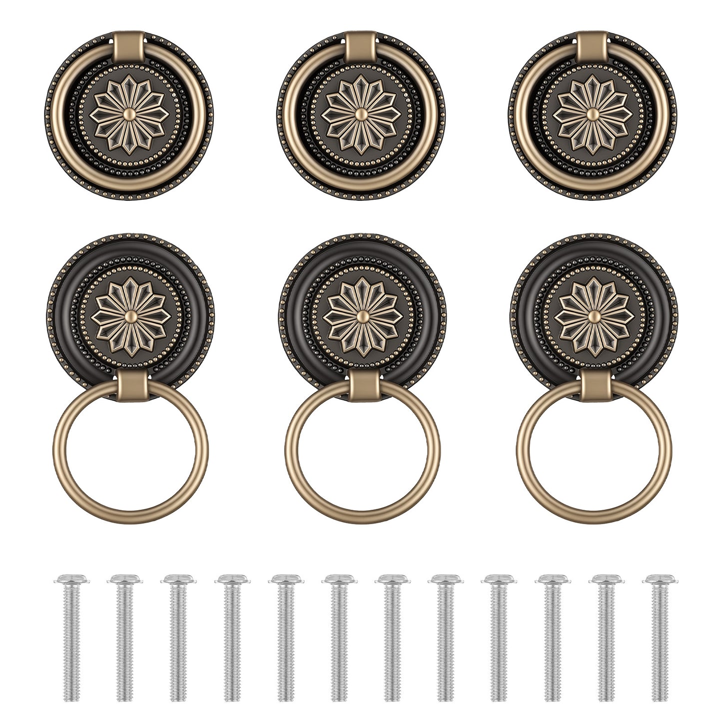 FdcLixuvol 6 PCS Antique Bronze Drawer Pull Ring, Solid Zinc Alloy Vintage Cabinet Pulls Ring 1.18 in Drawer Pulls Cabinet Rings Dressing Knob with Screws for Cabinets Dresser Closet (Antique Bronze
