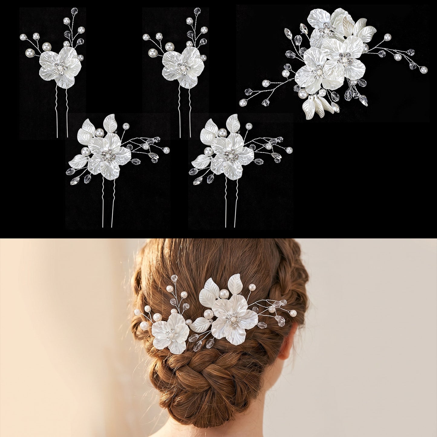 5 PCS Wedding Hair Pins White Flower Hair Clip Wedding HairAccessories for Brides Pearl HairHeadpiece Clips with Rhinestone Crystal for WeddingBride Bridesmaids