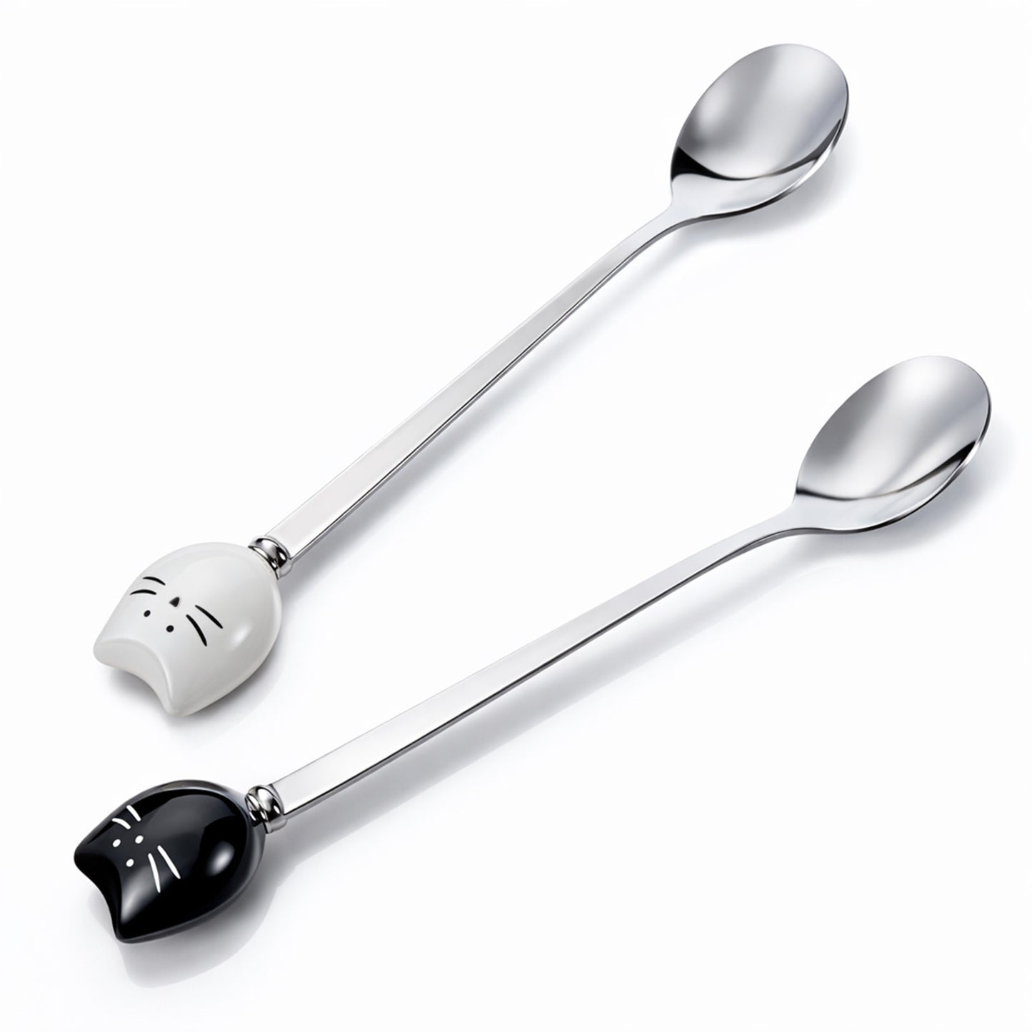 2 Pcs Cute Cat Spoon Set Cute Cat-Shaped Coffee Spoon Set Stainless Steel Tea Coffee Sugar Spoons Milk Drink Stirring Spoones Black and White Cat Design Cartoon Dessert Spoons Sets for Kitchen