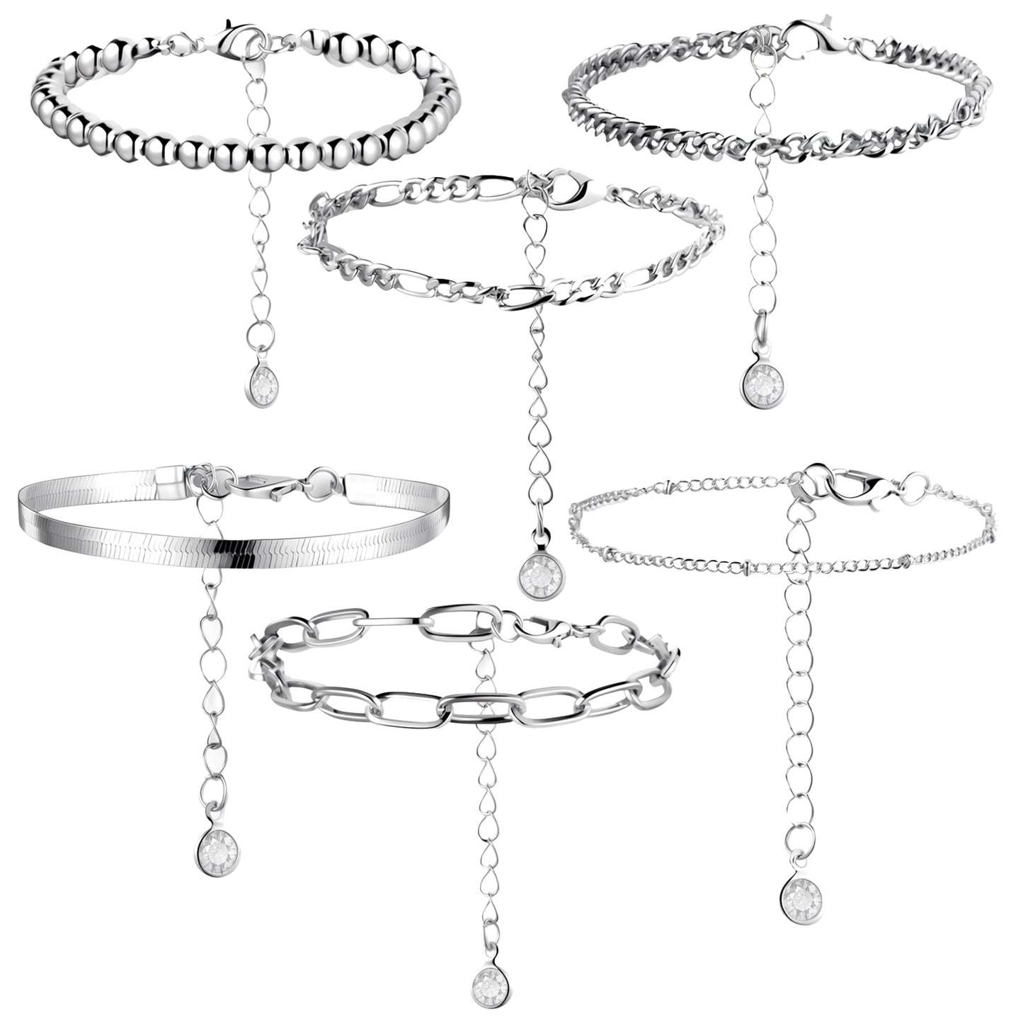 Bruislard 6 Pcs Ankle Bracelets for Women Waterproof Dainty Silver Chain Bracelets Silver Jewelry Sets Fashion Stackable Plus Size Anklet Beaded Figaro Herringbone Paperclip Chain