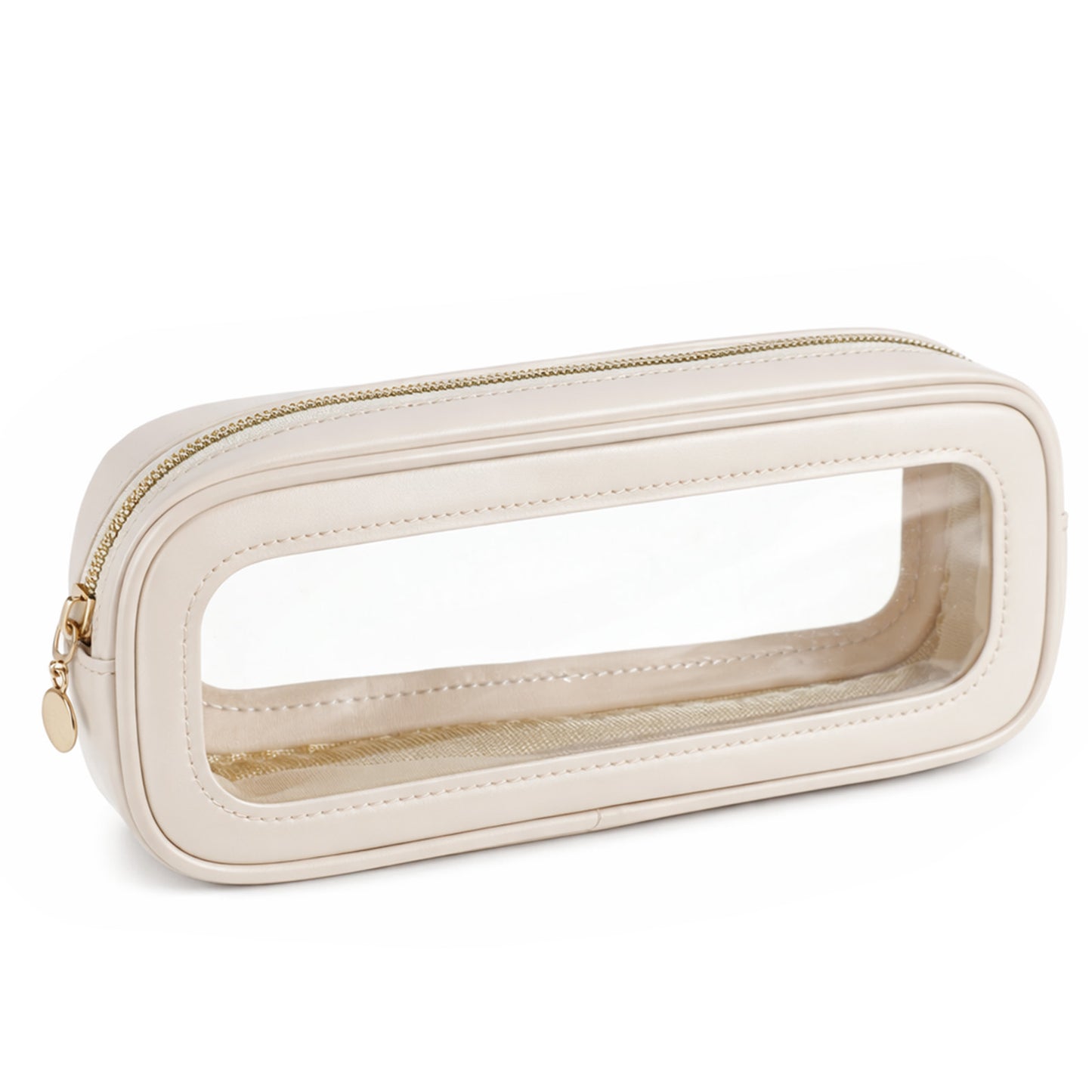 Small Clear Makeup Bag, PU Leather Travel Makeup Brush Bag Portable Transparent Waterproof Cosmetic Organizer Pouch with Zipper for Women Home Travel Office Cosmetic Storage (Beige)