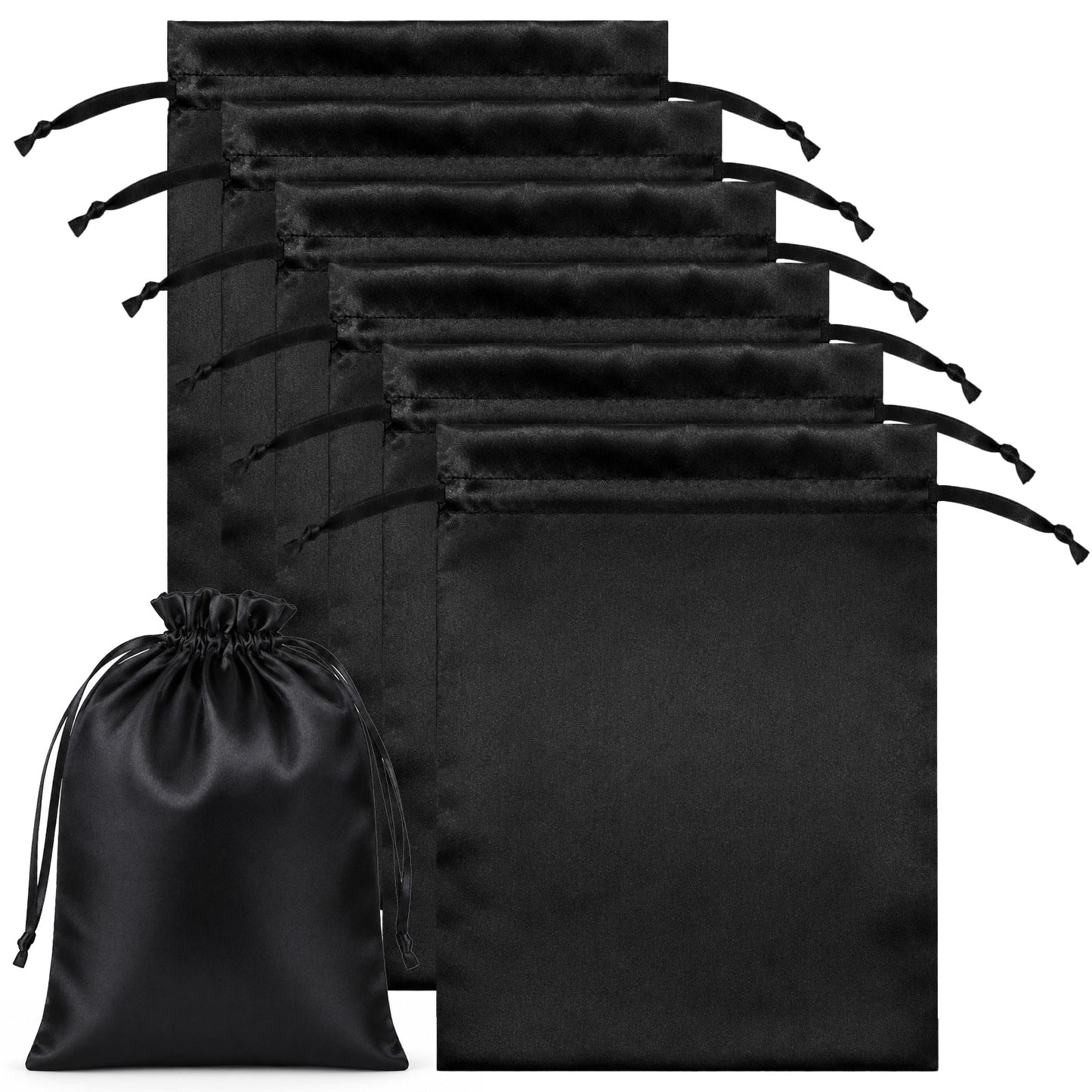 6 Pcs Wig Bags with Satin Drawstring, Wig Storage Bags Hair Storage Bag Silk Satin Wigs Bag, Drawstring Tassel for Multiple Wigs Bundles Extensions Home Salon Travel Packaging, Black