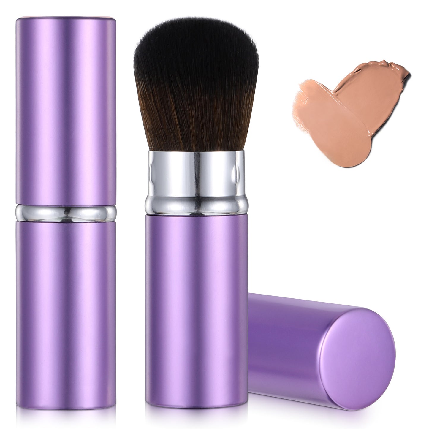 Portable Retractable Blusher Brush with Cover, 2 Pack Travel Kabuki Bronzer Makeup Brushes Liquid Cream Foundation Powder Brushes Professional Extensible Face Concealer Brush for Women (Purple)