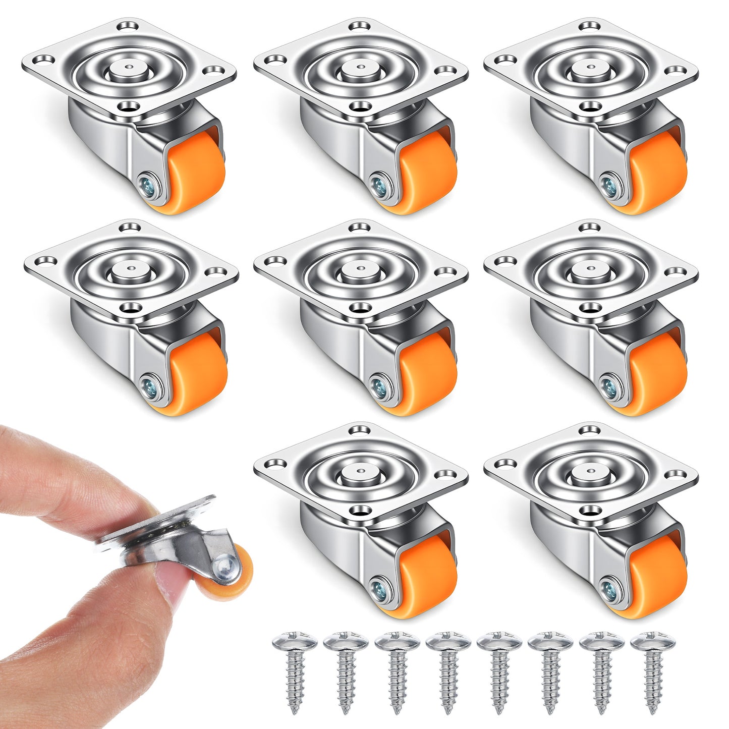 1/2inch Small Castor Wheels, 8PCS Mini Swivel Caster Wheels Low Profile Plate Casters Rollers Little Rubber Rolling Wheel with Steel Top Plate for Small Furniture Kitchen Appliances DIY Project