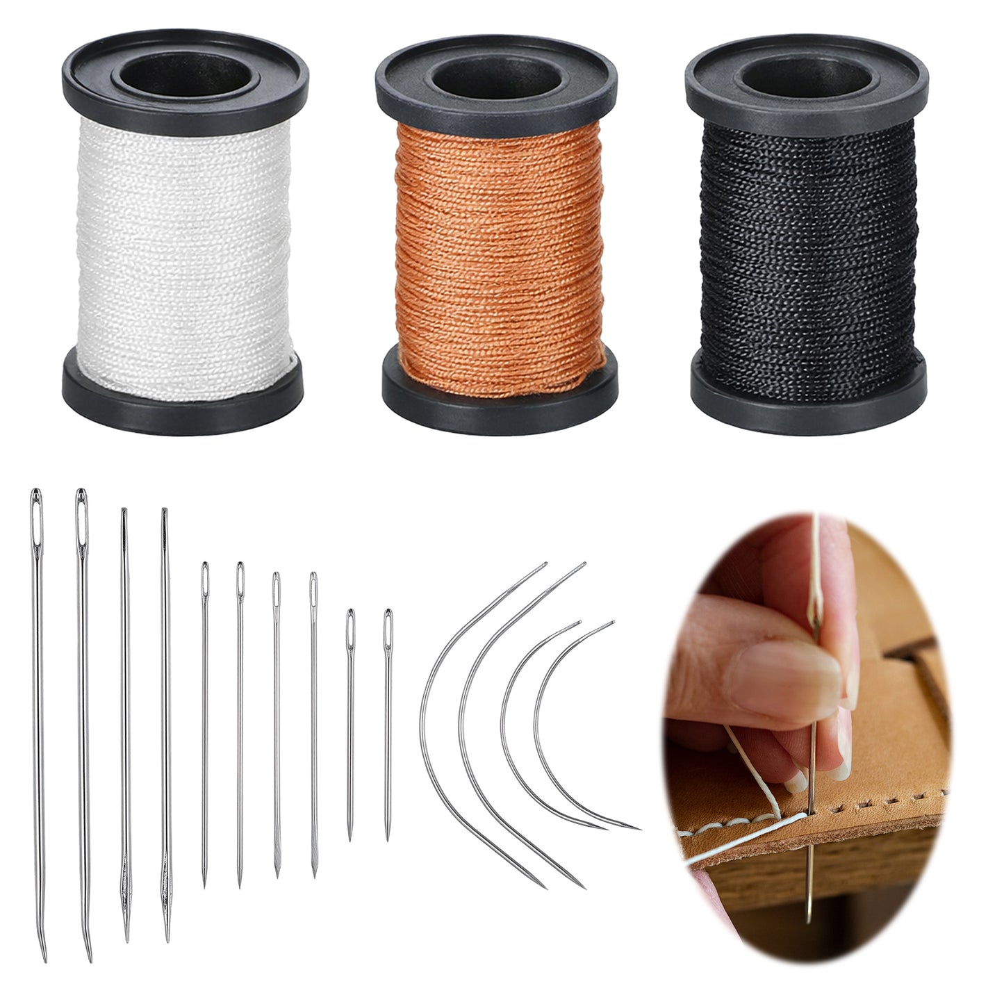 17 Pcs Heavy Duty Nylon Upholstery Sewing Kit 3 Rolls 55 Yards Waxed Thread with 14 Pcs Leather Needles Repair Sewing Kit Upholstery Repair Kits for Leather Carpet Furniture Shoe