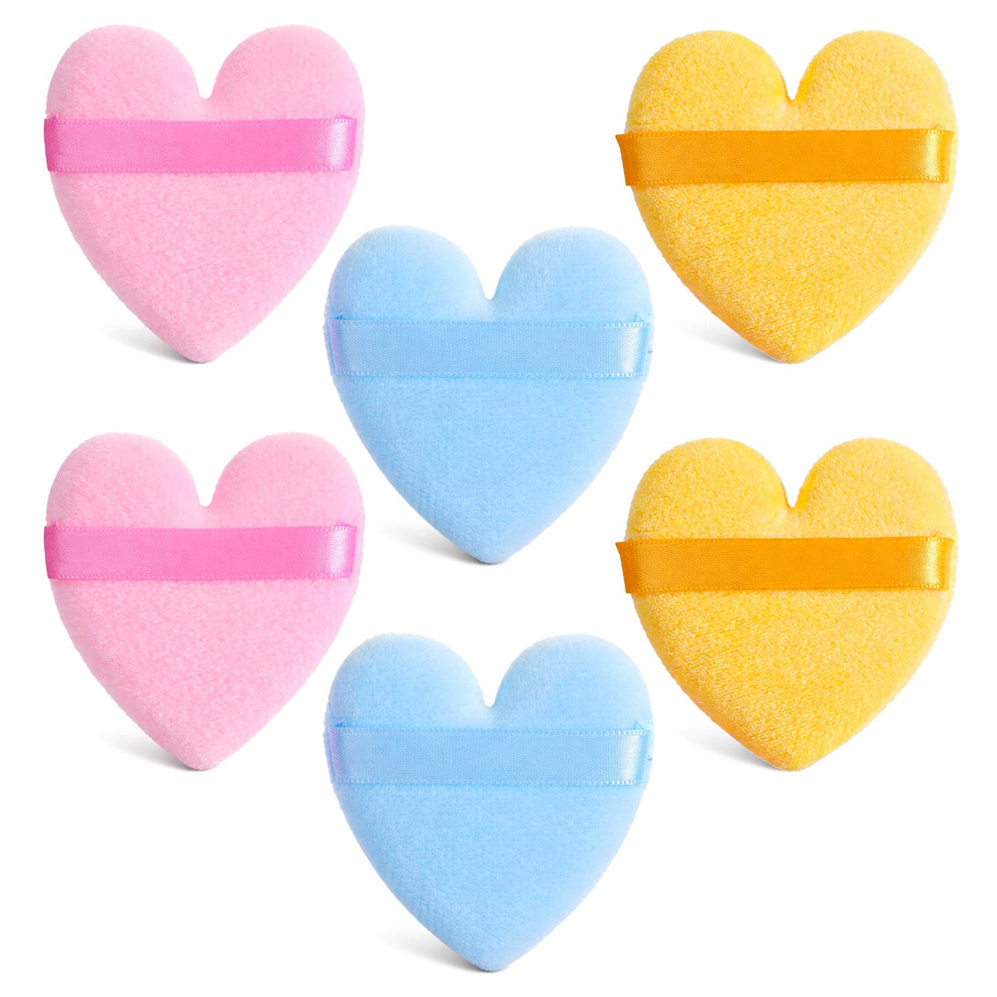 6 Pcs Makeup Powder Puff, Soft Heart Shape Velvet Face Applicator with Ribbon Strap, for Foundation, Pressed Powder and Blush - Pink, Yellow, Blue