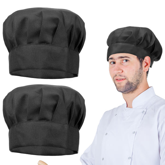 Black Chef Hat, 2 Pcs Adjustable Elastic Baker Kitchen Cooking Chef Cap Adult Chefs Hat Reusable and Washable Durable Pure Cotton Cook Cap, Chef-Hats Set for Adult Cotton Baker Home Hotel Restaurant