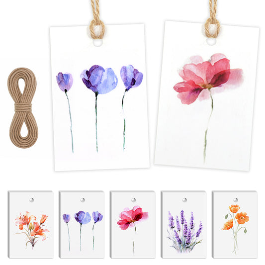 Floral Gift Tags with String, 50 Pcs 2x3 Inch Blank Watercolor Flower Name Tags for Gift Bags Custom Paper Tags with Strings for Birthday Wedding Valentine's Day Christmas Party Crafts Gift Wrapping