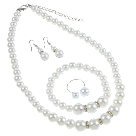 FdcLixuvol 4 Pcs Pearl Jewelry Set, Necklaces Pearl Hoop Earring Bracelet Ring for Women Accessories, Bridal Wedding Jewelry Sets