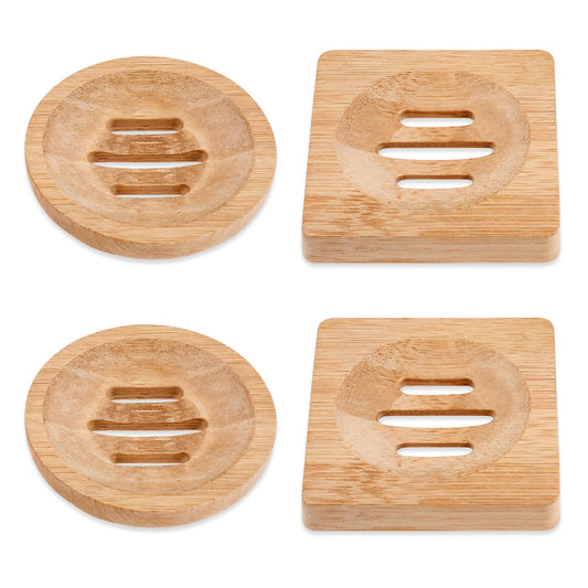 Bamboo Soap Dish, 4 PCS Natural Wooden Soap Dish Self Draining Bamboo Soap Holder Wooden Soap Tray Soap Dishes for Bar Soap Cases for Shower Bathtub Bathroom and Kitchen Sink (Square & Round)