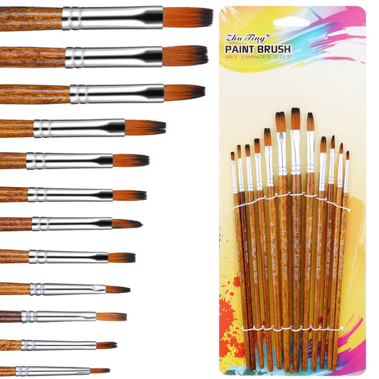 Acrylic Paint Brushes Set, 12pcs flat-head Watercolor Paint Brushes Pointed Tip Artist Painting Brush Set Brown flat-bristled paintbrush for Watercolor Acrylics Oil, Model, Face Body Nail Art, Craft