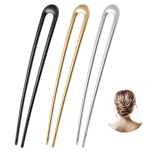 3pcs French Hair Pins, U Shape Hair Pins, Metal Hairpins, Hair Fork Sticks, Metal French Twist Hair Pin Fork, Elegant Updo Chignon Pin, Vintage Hairpin Holder Hair Clip Pin French for Women Girls