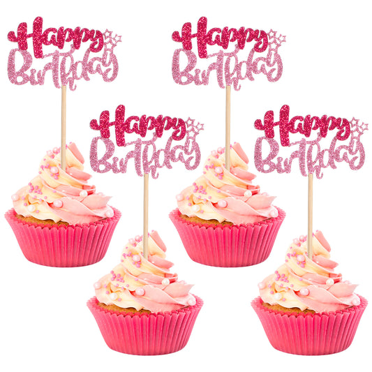 24 Pcs Happy Birthday Cupcake Toppers, Mini Cakes Supplies, Glitter Happy Birthday Cake Decorations for Celebrating B-day, Anniversary Theme Party