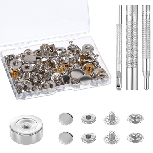 24 Sets Leather Snap Fasteners Kit, 15mm Metal Snap Buttons Metal Leather Press Studs Kit with 4pcs Installation Tools Heavy Duty Leather Snap Button for Clothing Hats Jackets Jeans Canvas (Silver)