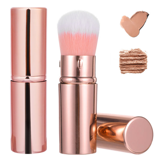 2 Pack Retractable Blusher and Kabuki Makeup Brush with Cover, Portable Travel Brush for Liquid Foundation Powder Bronzer, Professional Face Blender and Concealer for Women and Daily Use