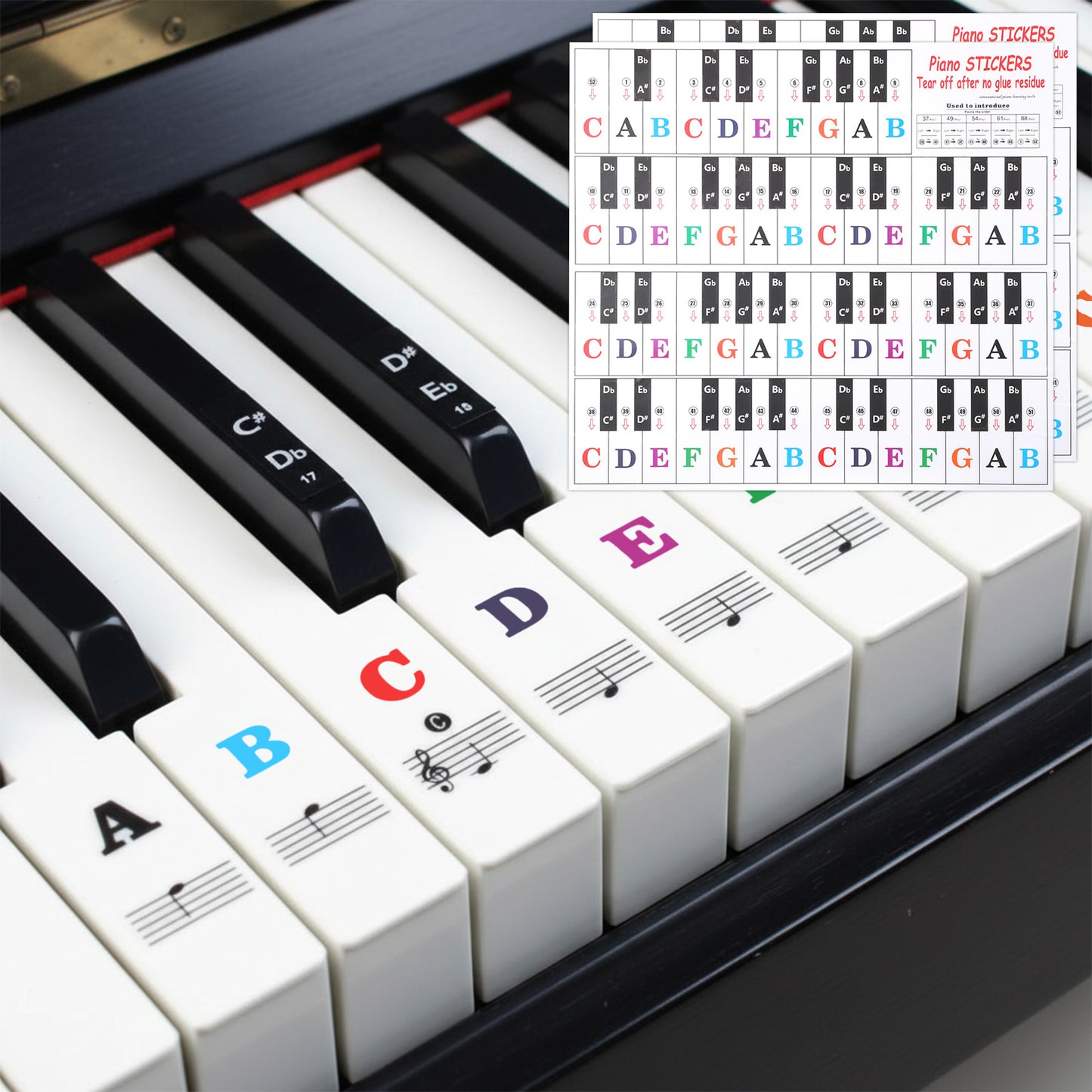 Piano Stickers for Beginners, Piano Keyboard Stickers, Removable Pianos Note Sticker for 88/61/54/49/37 Key, Transparent Large Colorful Letters for Beginners Learning