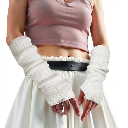 Psyqtsuary Y2k Arm Warmers Women, Long Sleeve Fingerless White Arm Warmers Y2k Cool Girls Cute Fingerless Mittens with Thumb Hole, Gothic Winter Long Fingerless Gloves Knitted Punk Hip Hop