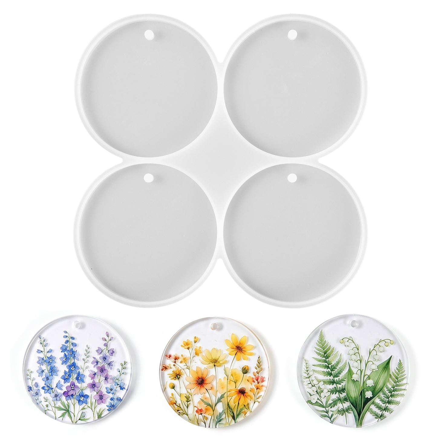 4 Cavity Round Silicone Molds 3 Inch Circle Silicone Mold Resin Coaster Molds with Hole for Christmas Crafts, Cups Mat, Bouquet Preservation