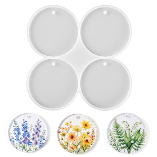 4 Cavity Round Silicone Molds 3 Inch Circle Silicone Mold Resin Coaster Molds with Hole for Christmas Crafts, Cups Mat, Bouquet Preservation