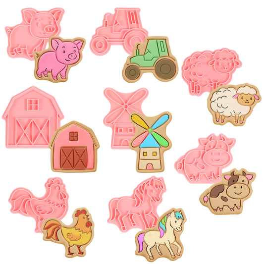 8 Pcs Farm Animal Cookie Cutters with Plunger Stamps Set 3D Pig Chicken Sheep Cow Horse Truck Stamp and Cutter Funny Cartoon Cookie Stamps Embossed Cookie Cutters for Treats DIY Cookie Cake Supplies