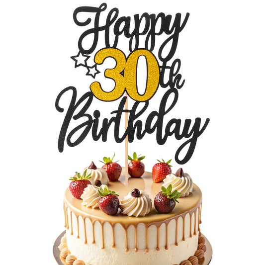 1 Pack Happy 30th Birthday Cake Topper, Glitter 30 Fabulous Cake Decoration, Black Gold Cheers to 30 Years Birthday Cake Pick, Birthday Decorations for Happy 30th Birthday Anniversary Party