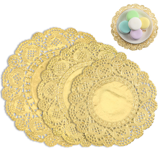 150Pcs Gold Doilies Disposable Gold Paper Placemats Round Small Golden Lace Placemats for Party Wedding Dinner Plates Cupcakes Decoration Assorted Size 3.5/4.5/5.5 Inch