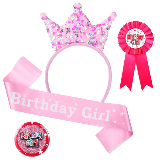 Alrhso Pink Birthday Crown and Dress Up Set Headband Tiara Ribbon Medal Birthdays-Headpiece Birthdays Crown Gift Party Decorations for Women Girls