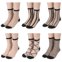 Exircy 6 Pairs Mesh Socks for Women Black See Through Mesh Socks Plaid Striped Dot Sheer Ankle Sock Mid Calf Sock for Women Girls