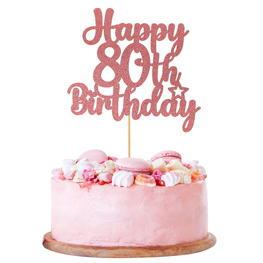 Happy 80th Birthday Cake Topper, 1 Pc 80th Cake Decorations Glitter Cheers to 80 Years for Birthday Anniversary Theme Party Supplies (Rose Gold)