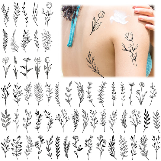 12 Sheets Black Plant Temporary Tattoos Wild Plant Tattoo Stickers Realistic Wild Floral Tattoo Tiny Branch Floral Wild Plants Sketch Tattoo Stickers for Adults Women Hands Legs Body Sticker