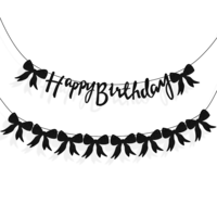 Black Bow Happy Birthday Banner, Pre-Strung Glitter Hanging Bow Bunting Garland Happy Birthday Banner Backdrop Decorations for Women Men Boys Girls Bday Themed Party Supplies