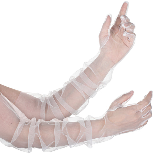 Xthrotsenk Mesh Tulle Gloves 27'' Women's Long Gloves Sheer Opera Party Gloves White Long Mesh Wedding Gloves Elbow Length Gloves for Bridal Dance Wedding Party