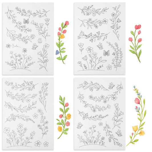 Water Soluble Embroidery Stabilizer 4 Sheets Water Soluble Stabilizer for EmbroideryPatterns Stick and Stitch Embroidery Paper Designs Transfer Paper with Pre-Printed Flower Leave for Hand Sewing