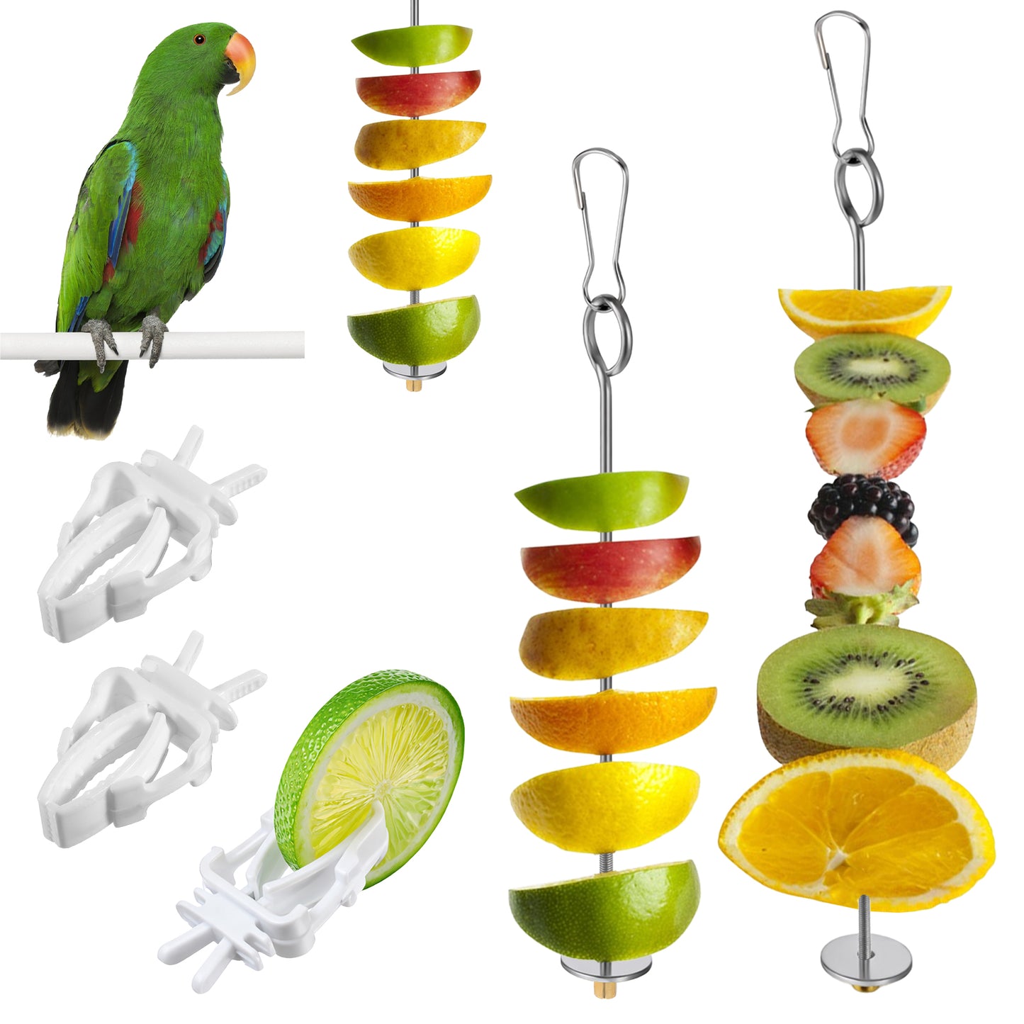 2 PCS Skewer Feeder with 3 PCS Bird Cage Food Holder Clips, Stainless Steel Bird Fruit Skewers, Fruit Vegetable Feeder, Bird Cage Accessories for Parrots Parakeets Cockatoo Cockatiel