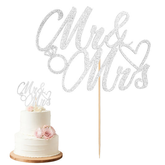 Mr and Mrs Cake Topper, Silver Glitter Wedding Cake Topper Decorations Engagement Cakes Toppers Sign for Bride and Groom, Anniversary, Engagement Party, Bridal Shower Cakes Decor Supplies