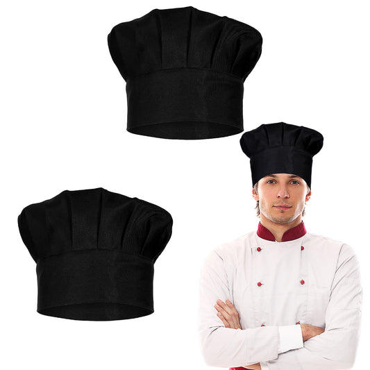 2 PCS Black Chef Hat, Adjustable Elastic Baker Kitchen Cooking Chef Cap Adult Chef Hat Reusable and Washable Durable Pure Cotton Cook Cap Chef Hat Set of 2pack Adult Cotton Baker Home Hotel Restaurant