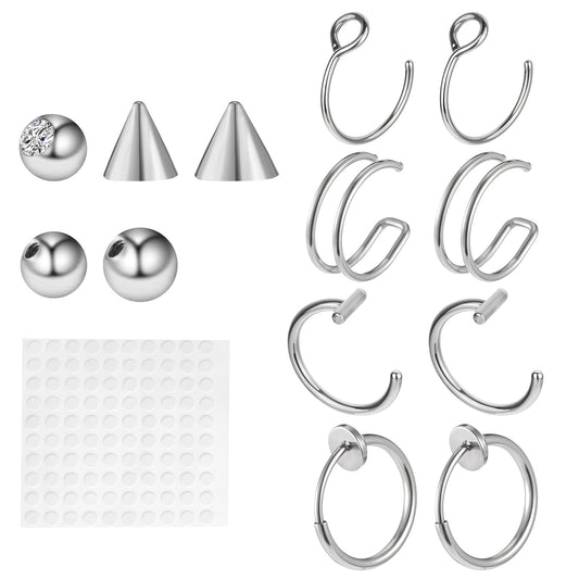 QfwdfcTrenz 29pcsPiercing Balls Fake Eyebrow Rings Nose Lip Labret Studs Fake Nose Rings Lip Piercings Stainless Steel Eyebrow Hoop Steel Color Piercings With Sticker Non-Piercing