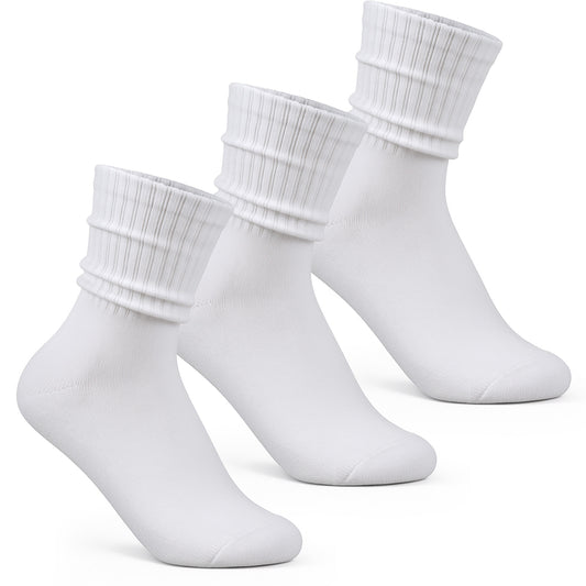 KALIONE Women's Scrunch Crew Socks, 3 Packs Retro Solid Slouch Mid Calf Socks, Cotton Casual Socks for Women, Boot Calf Chunky Ribbed Cozy Slouchy Socks, Size 3-9