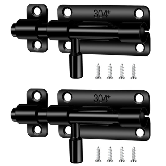 2 Pack Barrel Bolt Latch, Black Door Latch Hardware Door Security Slide Latchs Lock Barrel Bolt Thickened Stainless Steel Sliding Locks for Doors, Brushed Finish Sliding Bolt-Lock-Latches with Screws