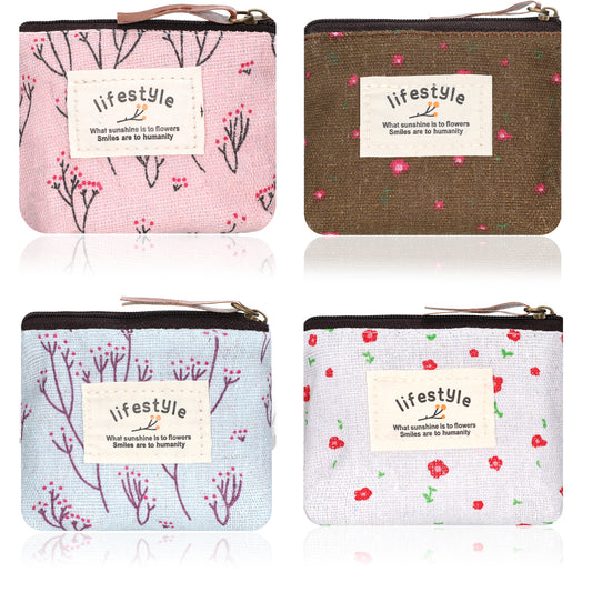 Mini Makeup Bag, 4 Pcs Linen Floral Small Makeup Bag for Purse Portable Small Zipper Pouch Cute Fabric Mini Cosmetic Bags for Women Girls Home Travel Lipstick Coin Cards Storage (4 Style)